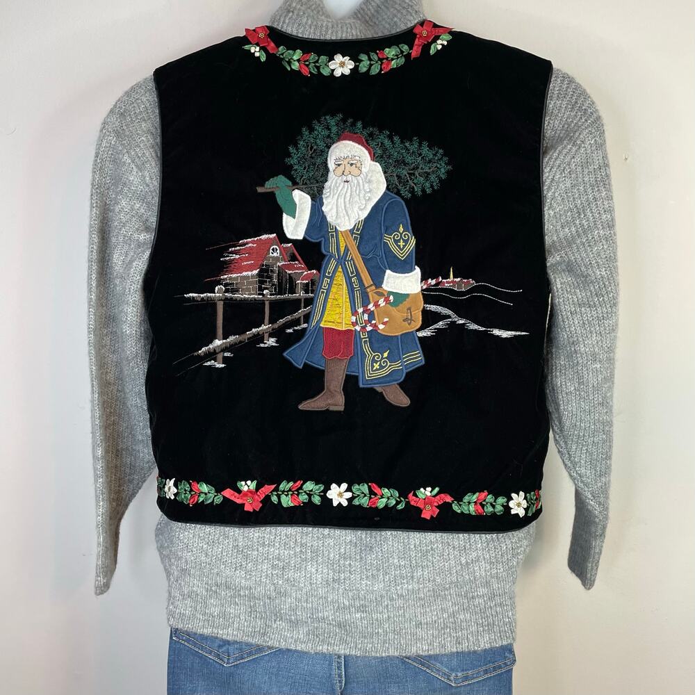 Vintage Sharon Young Black Velvet Ribbon Embroidered Christmas Santa Vest L